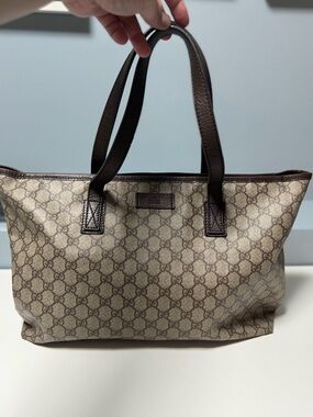 Gucci Beige Monogram Canvas Tote with Brown Leather Handles ( Comes with COA)